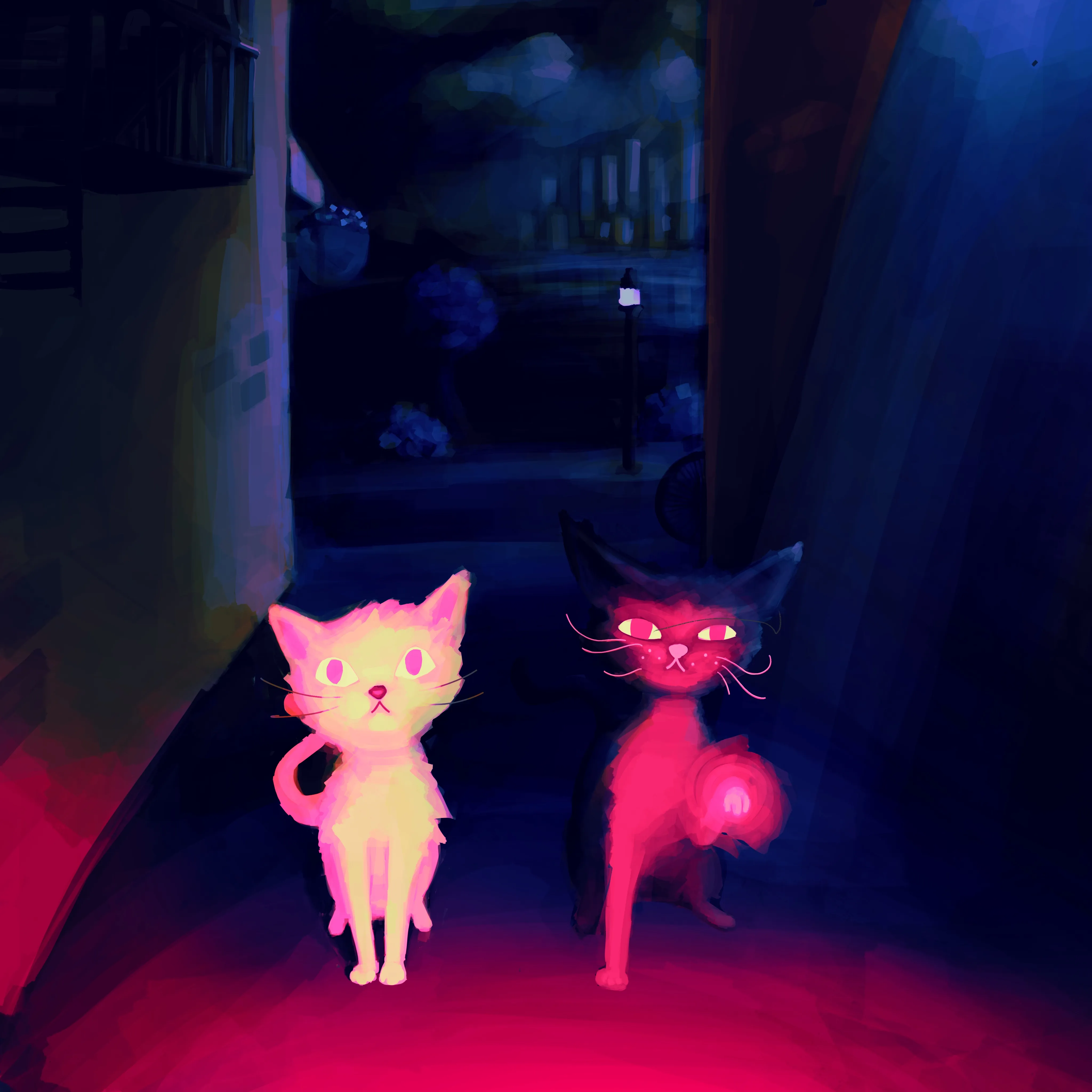 cats in an alley looking at mysterious red light.