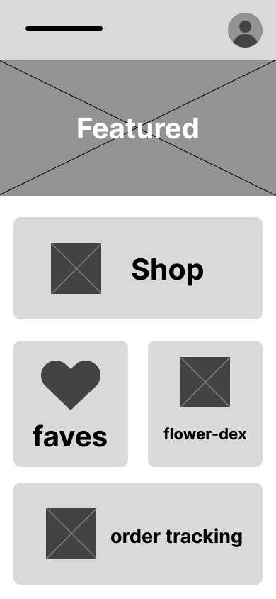Original low-fidelity home screen with shop at the top