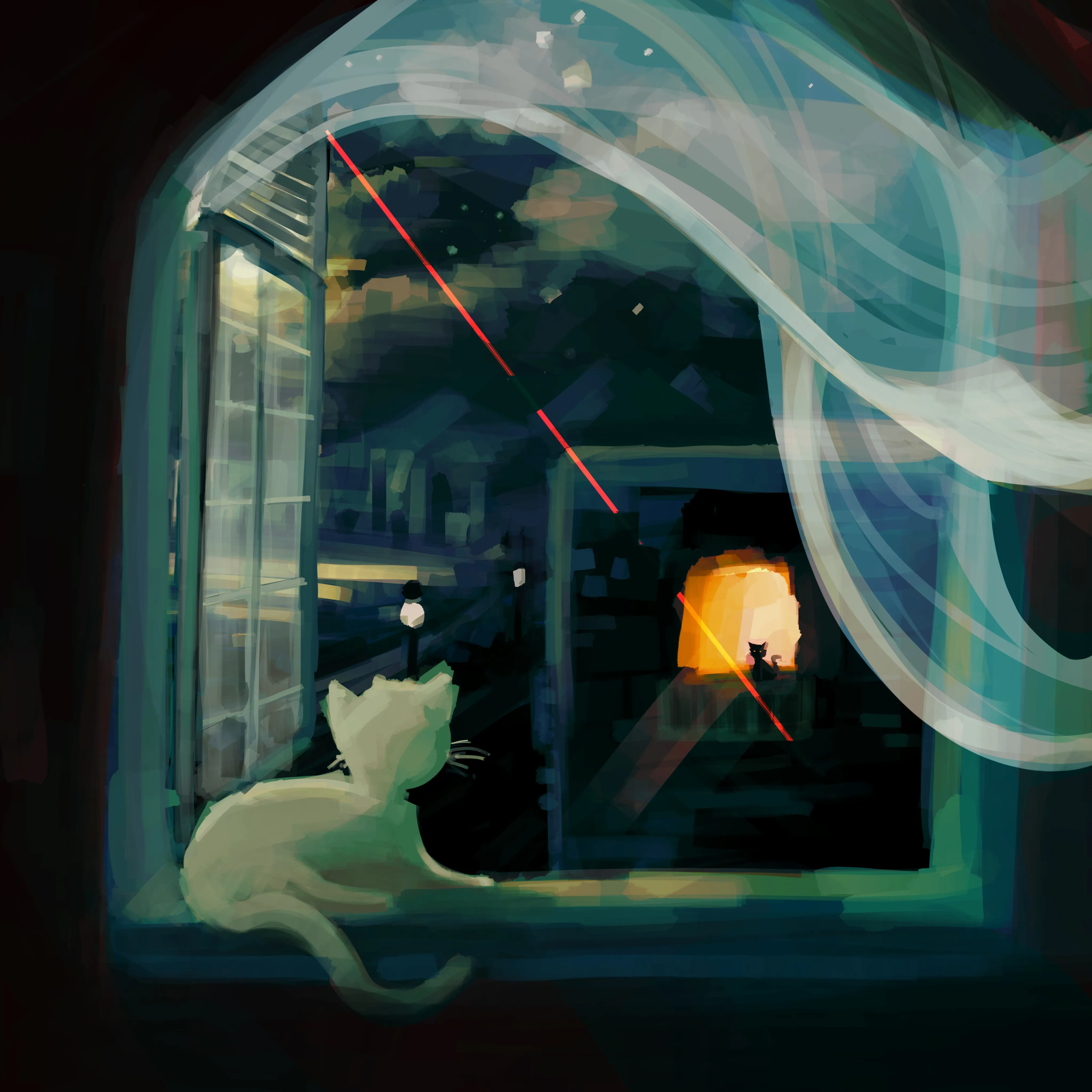 A cat gazing out at night.